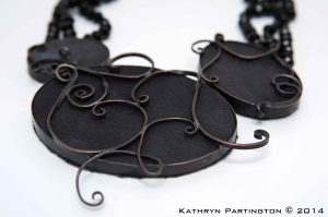 Jewellery, Necklace, Black Crystal, Scrollwork, Victorian. Gothic, Kathryn Partington, Milly Winter, Gareth Partington, Photography, Jewellery Photography, Black jewellery, Statement Jewellery, Black Silk